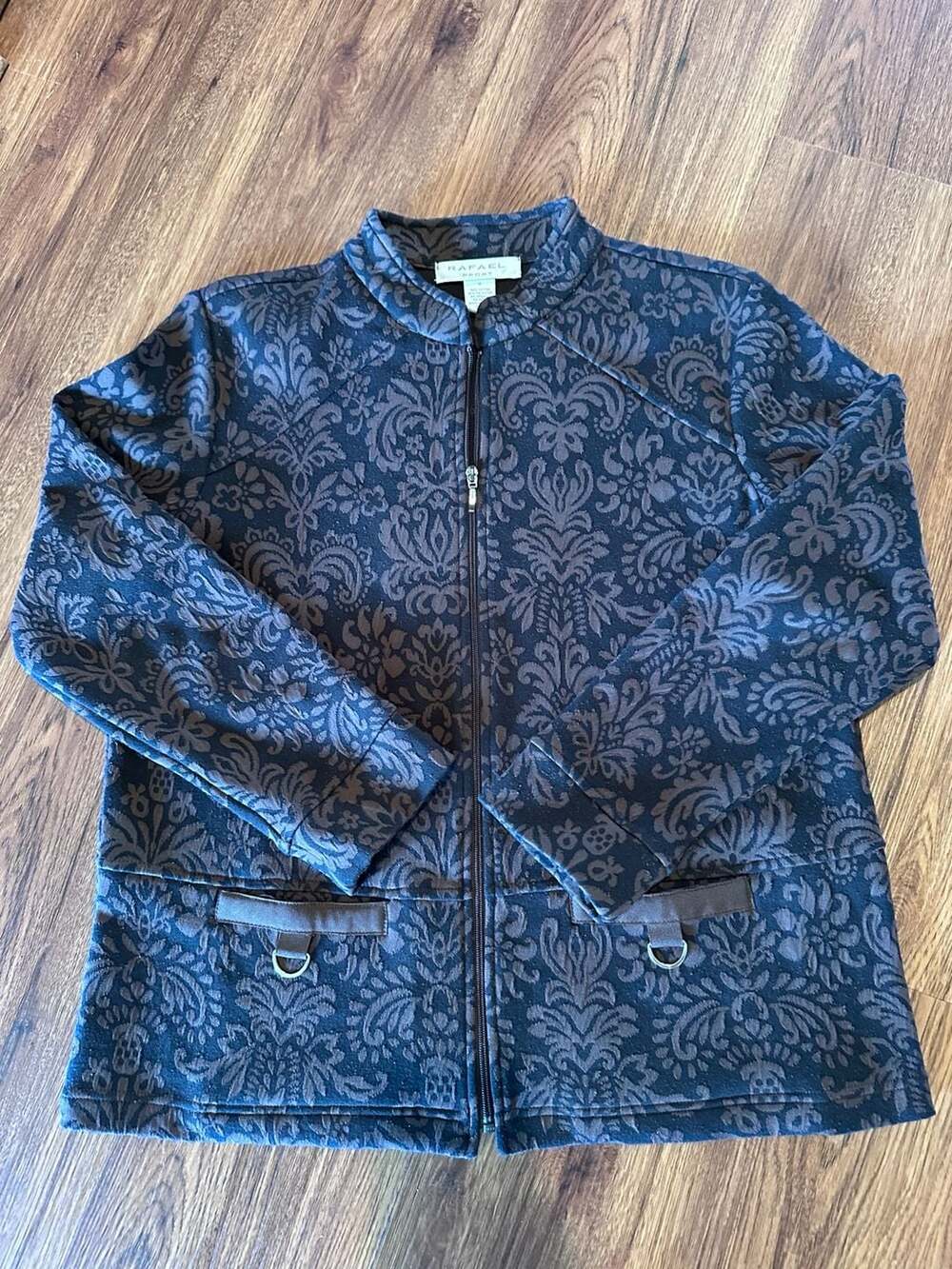 Rafael Sport Jacquard Zip Jacket Size M Brown Floral Damask